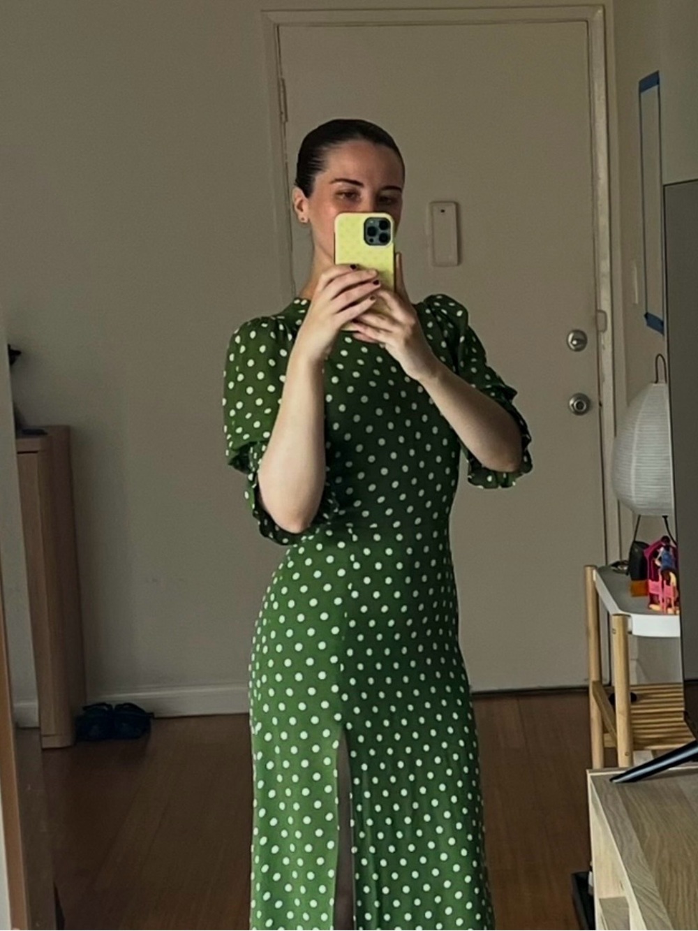 Reformation Green Polka Dot Maxi Dress with Puff Sleeves